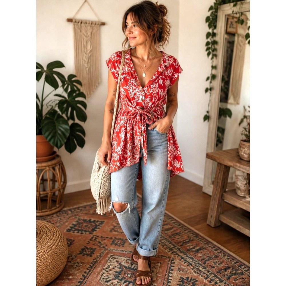 Free People Red White Floral Linen Dress Button Front Tie Waist Sz 10